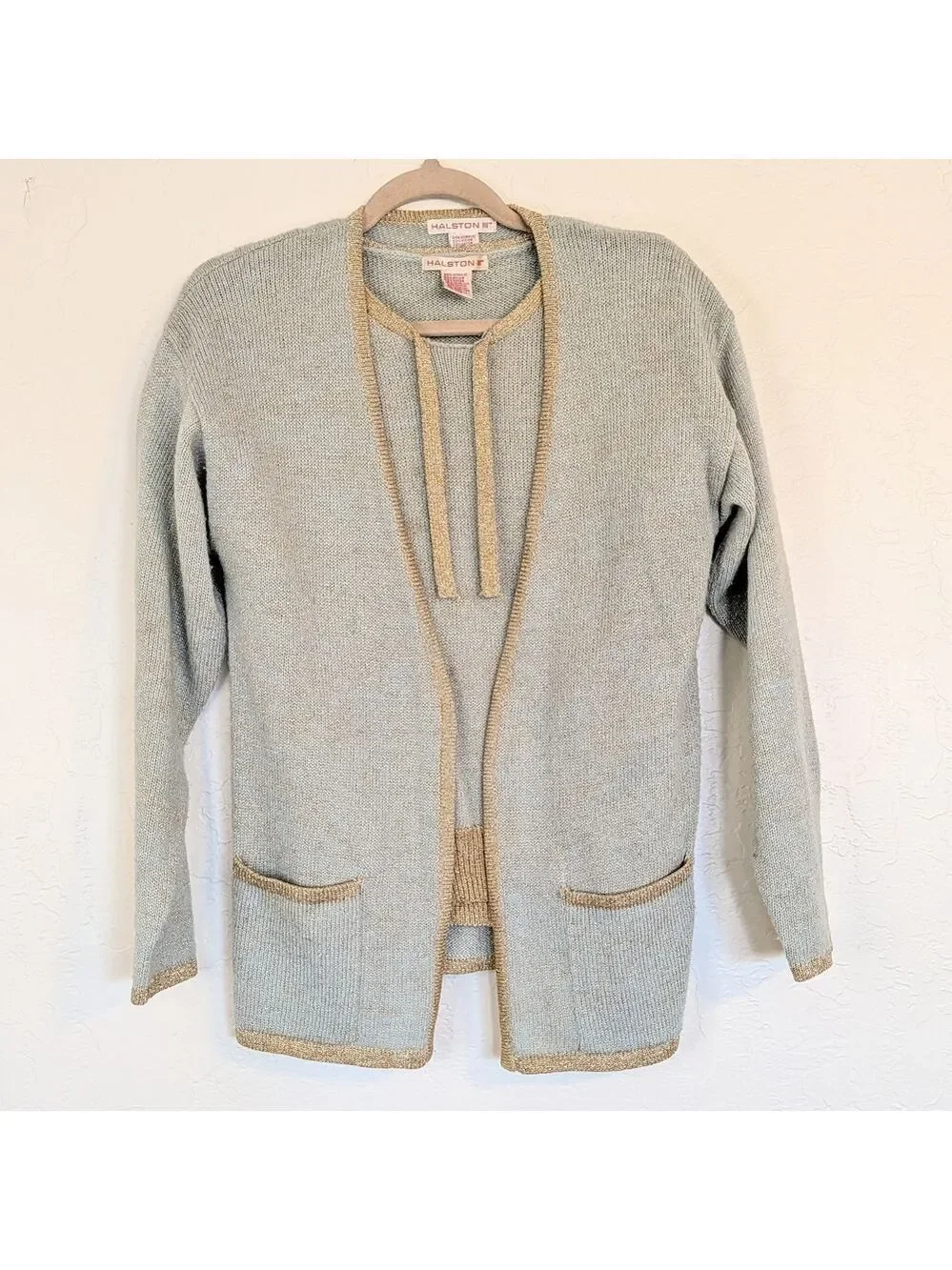 VTG Cardigan Short Sleeve Sweater Set Light Mint Green Gold Trim 80s Grandmacore